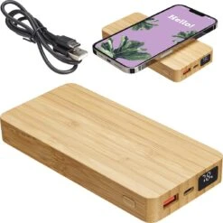 Bamboo Dual Port Power Bank With Wireless Charger (10000 MAh, UL Listed)